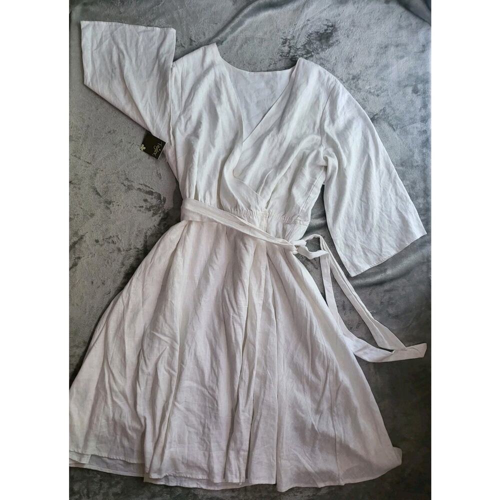 Taylor Dress Sz 14 Women White Tie Waist Wrap Midi Kimono Sleeve Beachy Resort
